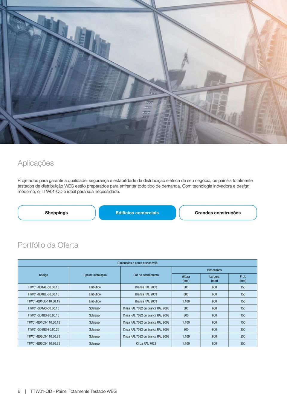 Shoppings Edifícios comerciais Grandes construções Portfólio da Oferta Dimensões e cores disponíveis Código Tipo de instalação Cor de acabamento Altura (mm) Dimensões TTW01-QD1AE-50.60.