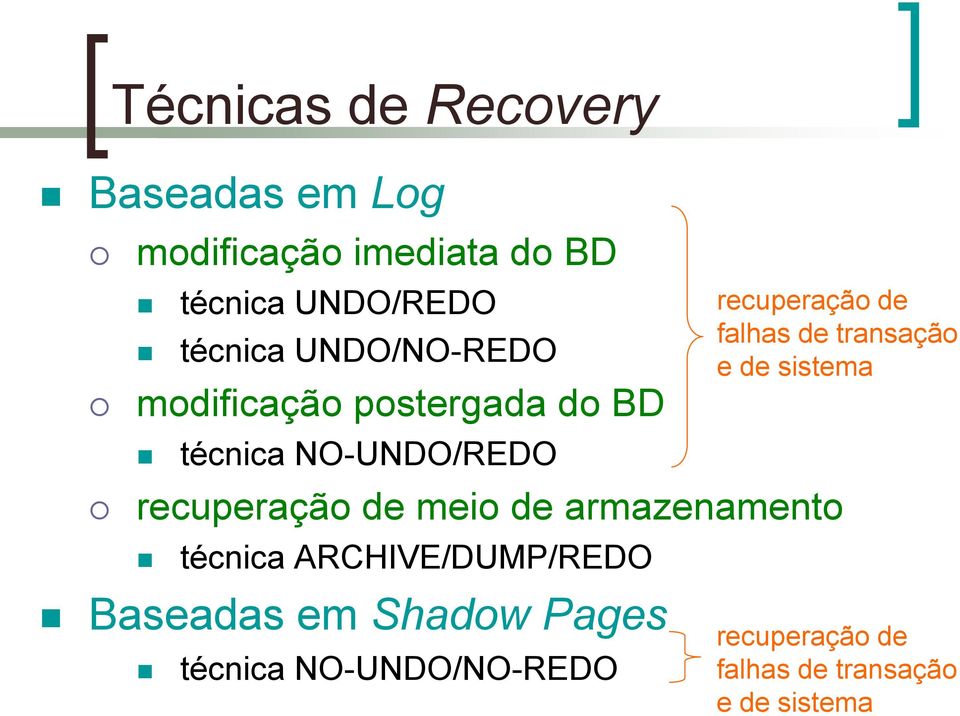 armazenamento técnica ARCHIVE/DUMP/REDO Baseadas em Shadow Pages técnica NO-UNDO/NO-REDO
