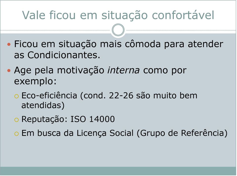 Age pela motivação interna como por exemplo: Eco-eficiência (cond.