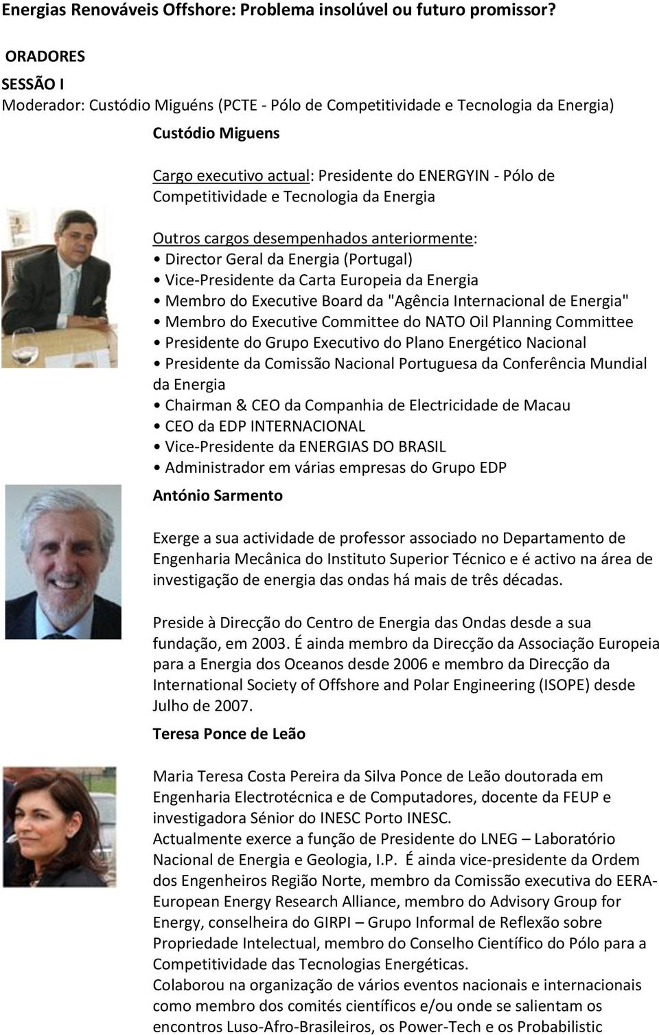 Tecnologia da Energia Outros cargos desempenhados anteriormente: Director Geral da Energia (Portugal) Vice-Presidente da Carta Europeia da Energia Membro do Executive Board da "Agência Internacional