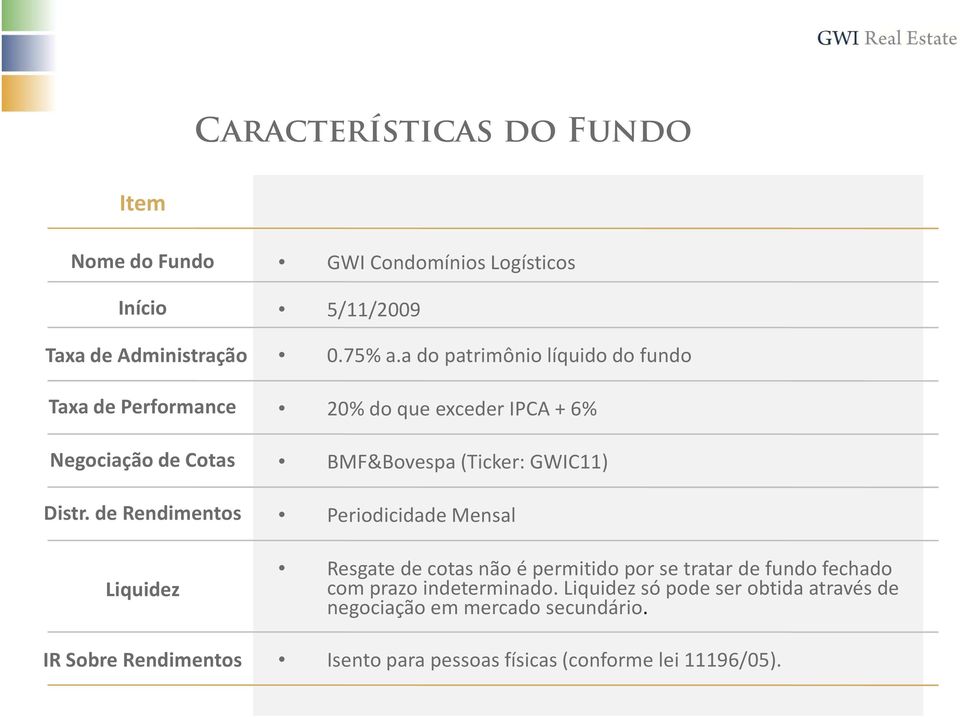 a do patrimônio líquido do fundo 20% do que exceder IPCA + 6% BMF&Bovespa (Ticker: GWIC11) Periodicidade Mensal Resgate de cotas não