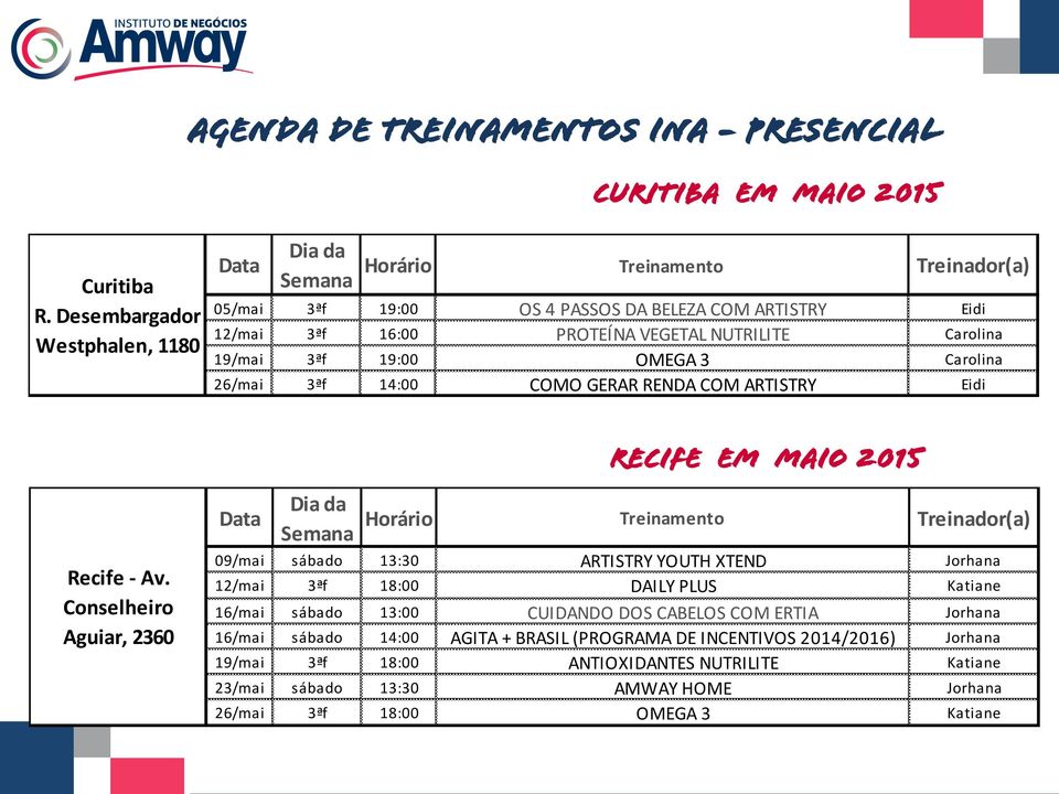 16:00 PROTEÍNA VEGETAL NUTRILITE Carolina 19/mai 3ªf 19:00 OMEGA 3 Carolina 26/mai 3ªf 14:00 COMO GERAR RENDA COM ARTISTRY Eidi Recife em maio 2015 Recife - Av.