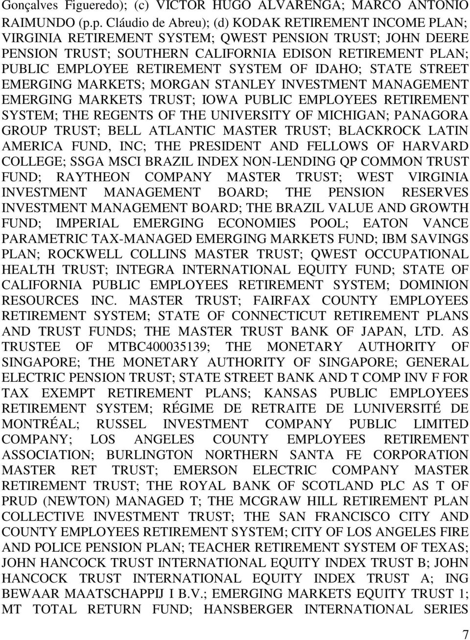 RETIREMENT SYSTEM OF IDAHO; STATE STREET EMERGING MARKETS; MORGAN STANLEY INVESTMENT MANAGEMENT EMERGING MARKETS TRUST; IOWA PUBLIC EMPLOYEES RETIREMENT SYSTEM; THE REGENTS OF THE UNIVERSITY OF