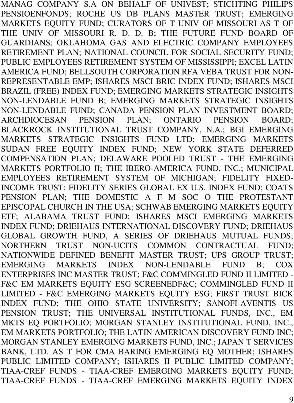 D. B; THE FUTURE FUND BOARD OF GUARDIANS; OKLAHOMA GAS AND ELECTRIC COMPANY EMPLOYEES RETIREMENT PLAN; NATIONAL COUNCIL FOR SOCIAL SECURITY FUND; PUBLIC EMPLOYEES RETIREMENT SYSTEM OF MISSISSIPPI;