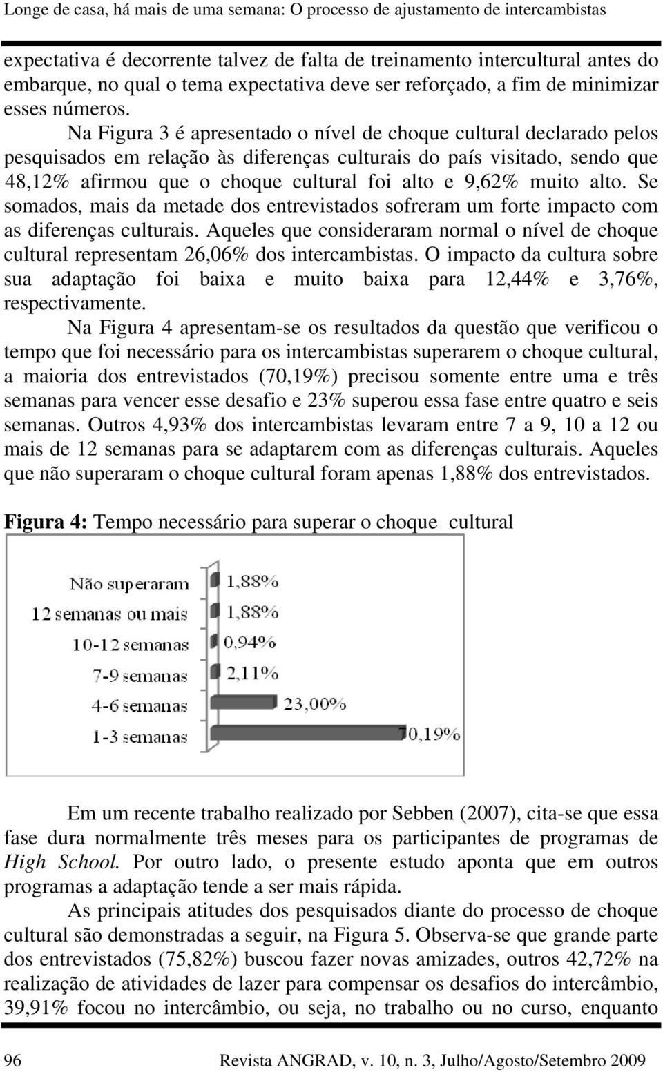 Na Figura 3 é apresentado o nível de choque cultural declarado pelos pesquisados em relação às diferenças culturais do país visitado, sendo que 48,12% afirmou que o choque cultural foi alto e 9,62%