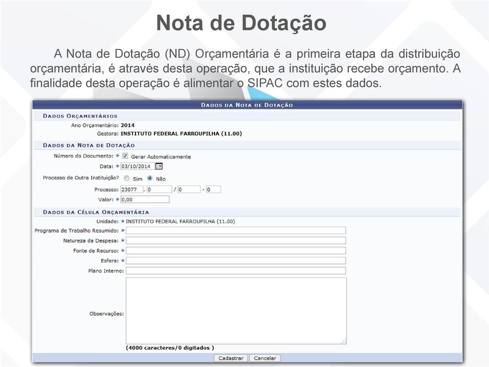 desta operação, que a instituição recebe orçamento.