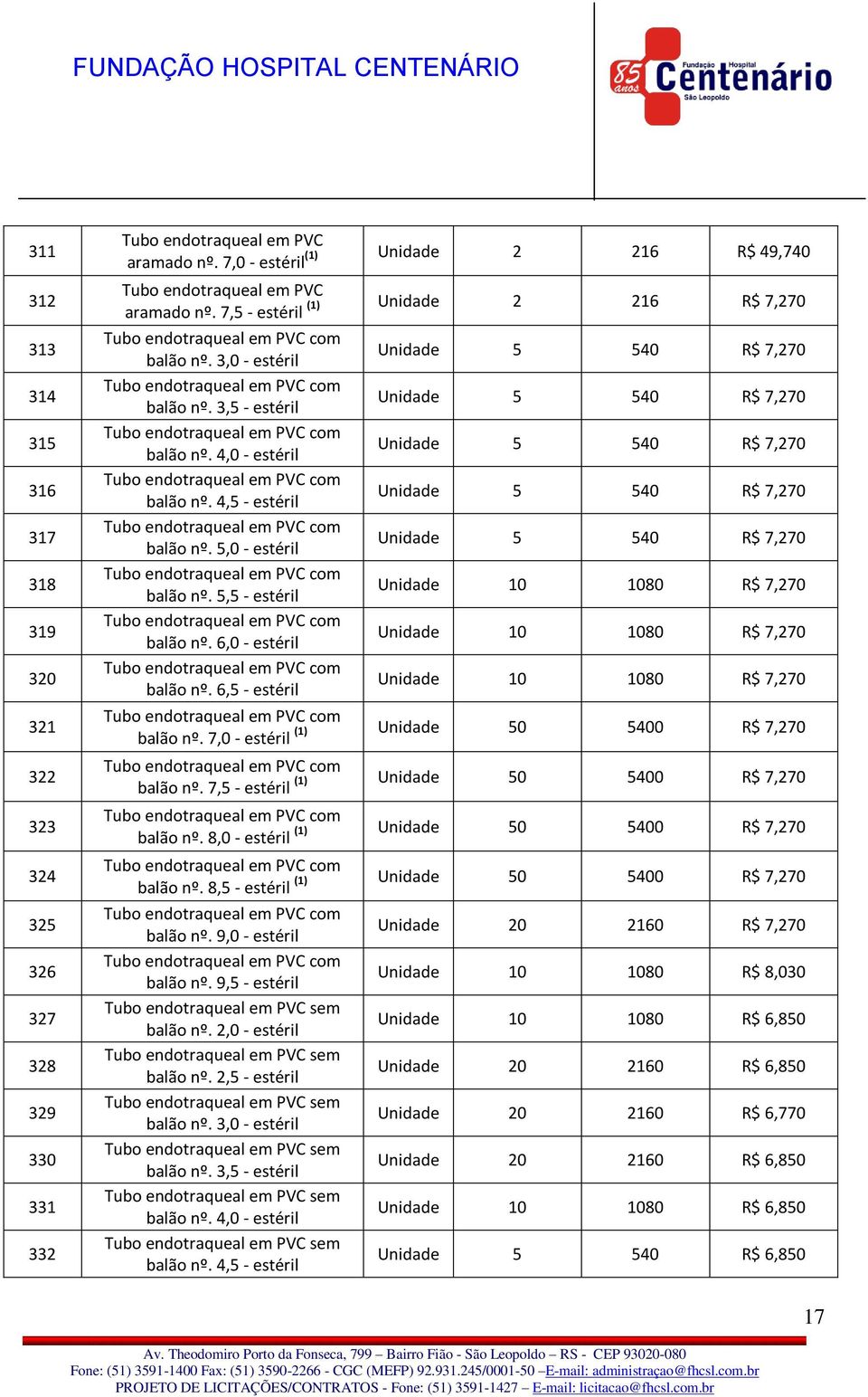 3,0 - estéril Tubo endotraqueal em PVC com balão nº. 3,5 - estéril Tubo endotraqueal em PVC com balão nº. 4,0 - estéril Tubo endotraqueal em PVC com balão nº.