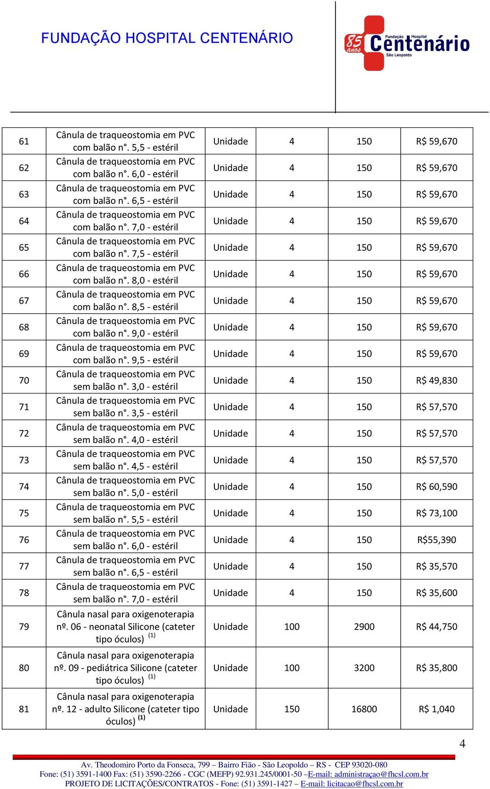 4,0 - estéril sem balão n. 4,5 - estéril sem balão n. 5,0 - estéril sem balão n. 5,5 - estéril sem balão n. 6,0 - estéril sem balão n. 6,5 - estéril sem balão n.