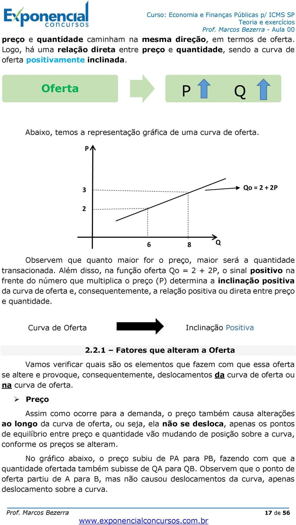 Além disso, na função oferta Qo = 2 + 2P, o sinal positivo na frente do número que multiplica o preço (P) determina a inclinação positiva da curva de oferta e, consequentemente, a relação positiva ou