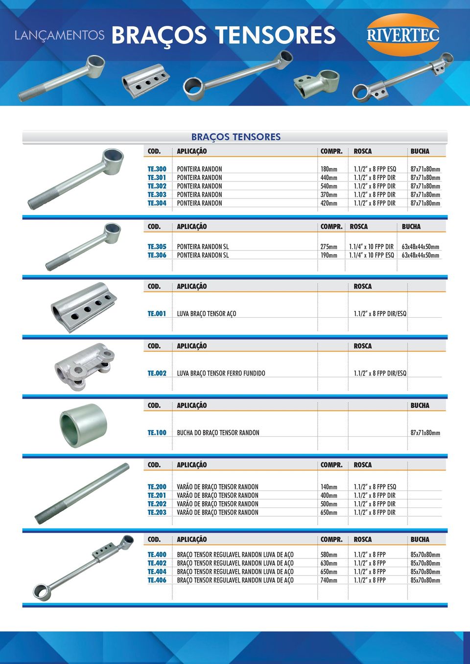 1/4 x 10 FPP ESQ 63x48x44x50mm COD. APLICAÇÃO ROSCA TE.001 LUVA BRAÇO TENSOR AÇO 1.1/2 x 8 FPP DIR/ESQ COD. APLICAÇÃO ROSCA TE.002 LUVA BRAÇO TENSOR FERRO FUNDIDO 1.1/2 x 8 FPP DIR/ESQ COD. APLICAÇÃO BUCHA TE.
