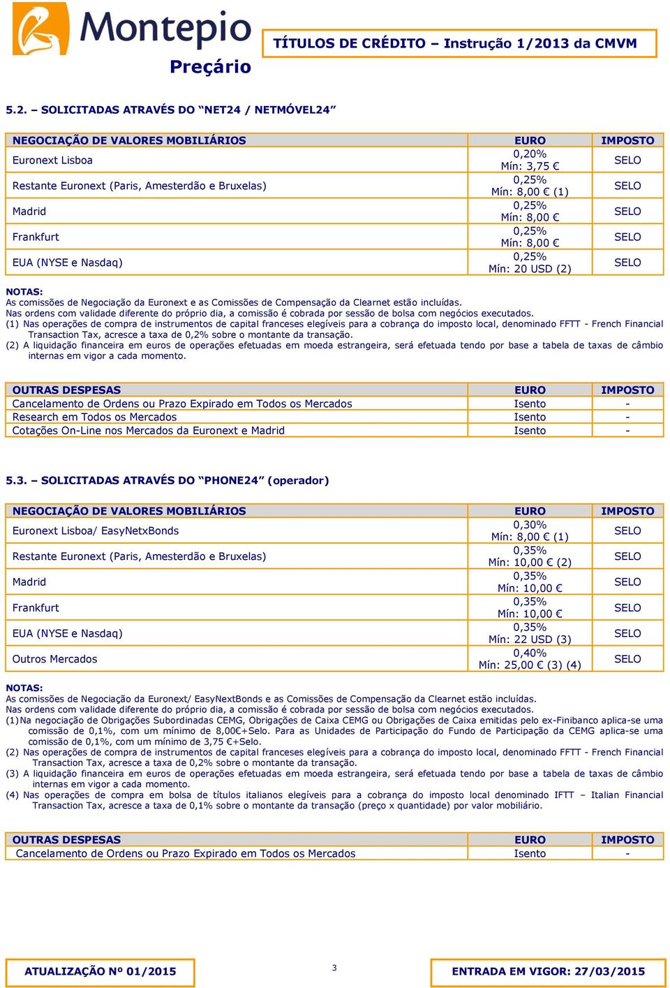 (1) Nas operações de compra de instrumentos de capital franceses elegíveis para a cobrança do imposto local, denominado FFTT - French Financial (2) A liquidação financeira em euros de operações