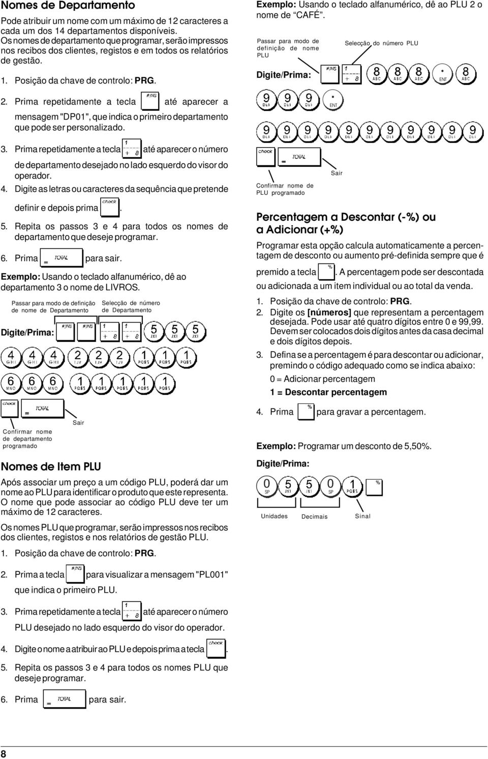 Passar para modo de definição de nome PLU Digite/Prima: Selecção do número PLU 2.