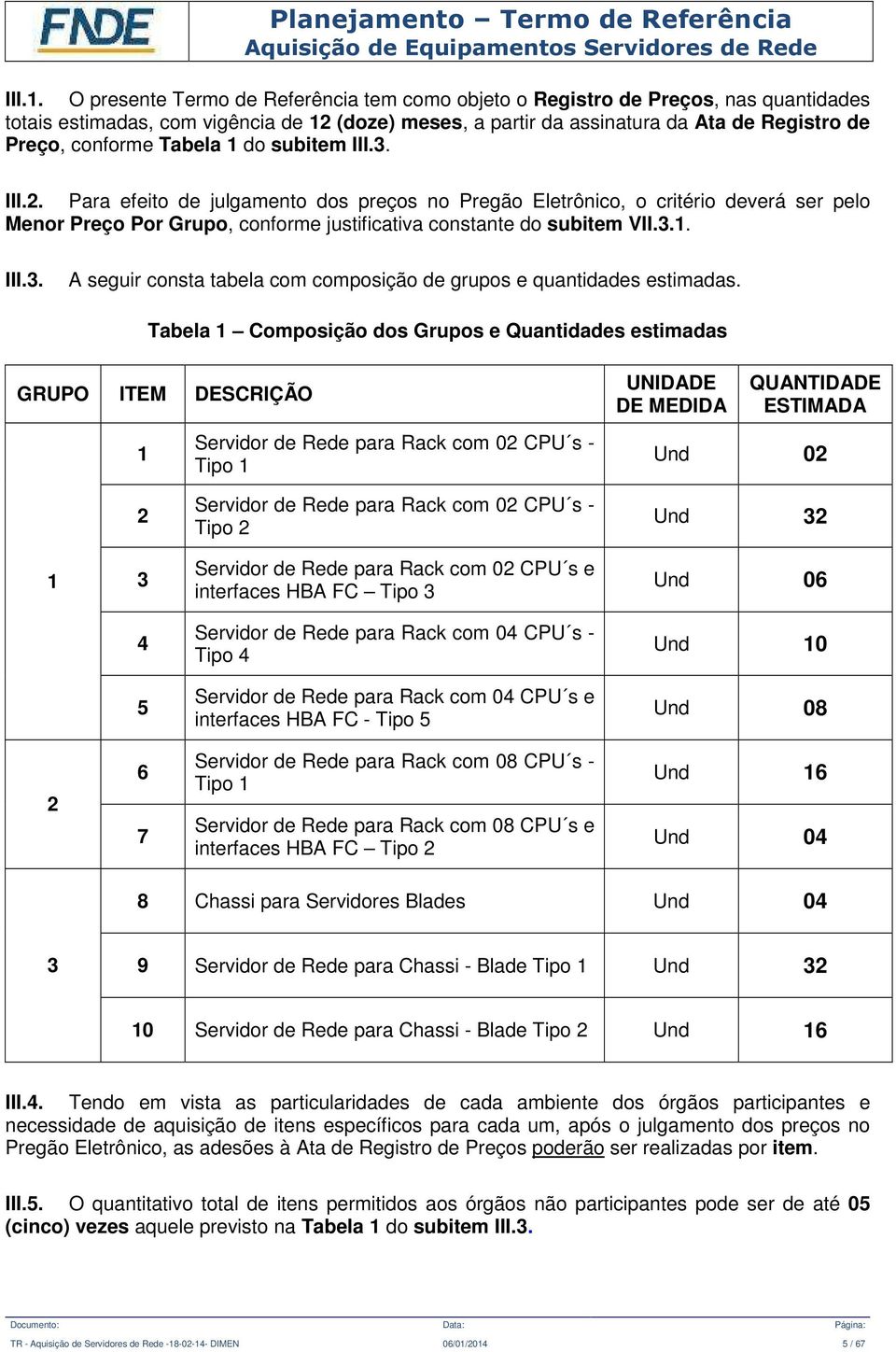 Tabela 1 do subitem III.3. III.2. Para efeito de julgamento dos preços no Pregão Eletrônico, o critério deverá ser pelo Menor Preço Por Grupo, conforme justificativa constante do subitem VII.3.1. III.3. A seguir consta tabela com composição de grupos e quantidades estimadas.