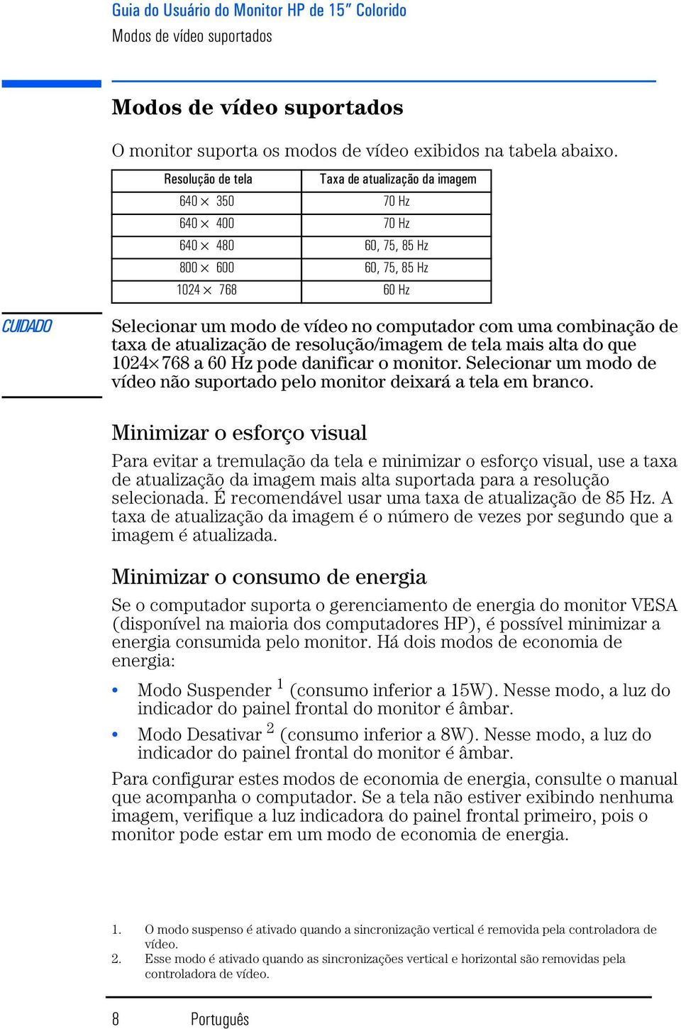 combinação de taxa de atualização de resolução/imagem de tela mais alta do que 1024 768 a 60 Hz pode danificar o monitor.