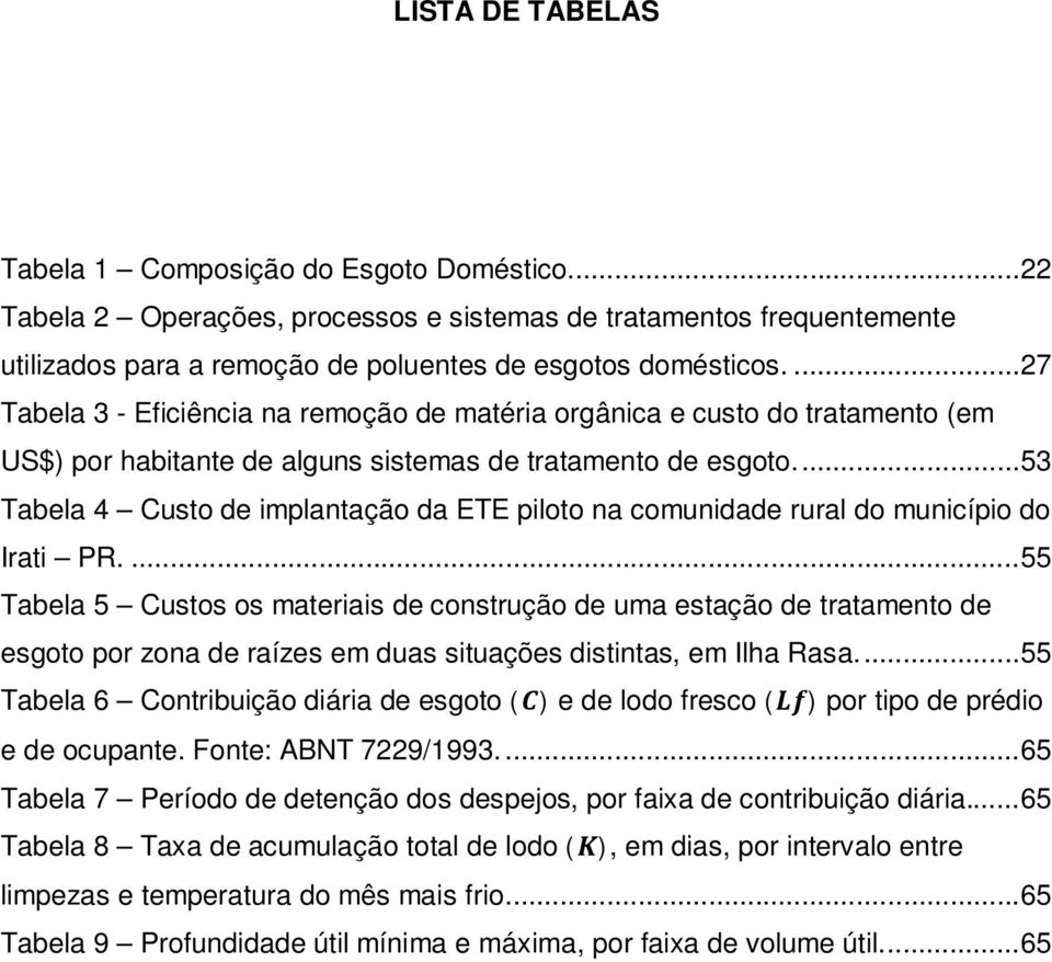 ... 53 Tabela 4 Custo de implantação da ETE piloto na comunidade rural do município do Irati PR.