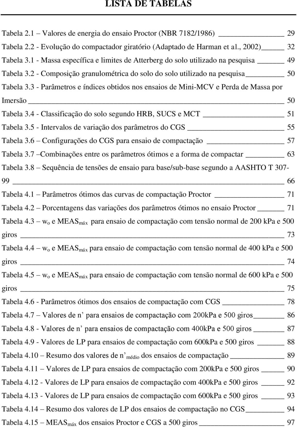 3 - Parâmetros e índices obtidos nos ensaios de Mini-MCV e Perda de Massa por Imersão 50 Tabela 3.4 - Classificação do solo segundo HRB, SUCS e MCT 51 Tabela 3.