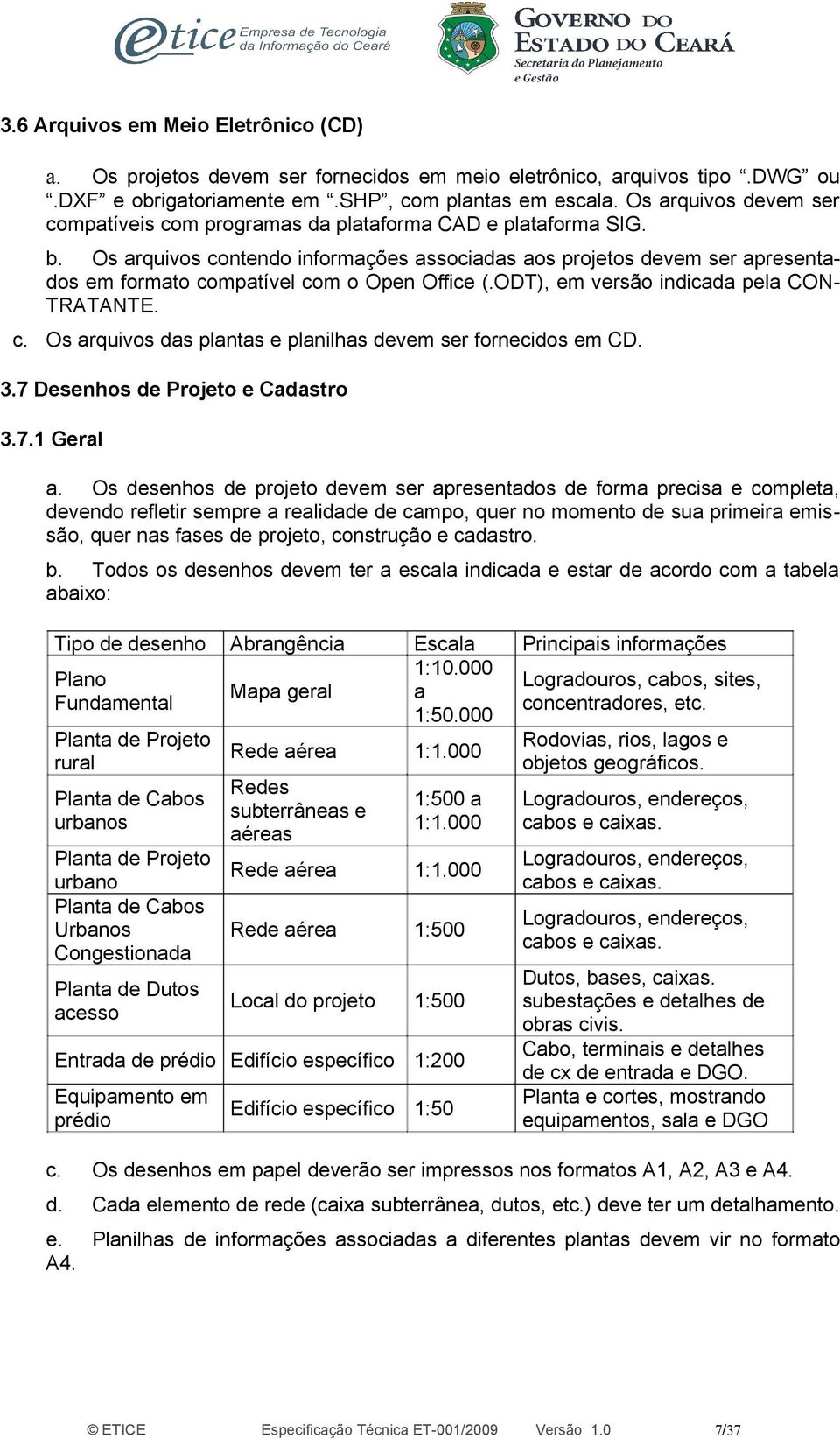 Os arquivos contendo informações associadas aos projetos devem ser apresentados em formato compatível com o Open Office (.ODT), em versão indicada pela CON- TRATANTE. c. Os arquivos das plantas e planilhas devem ser fornecidos em CD.