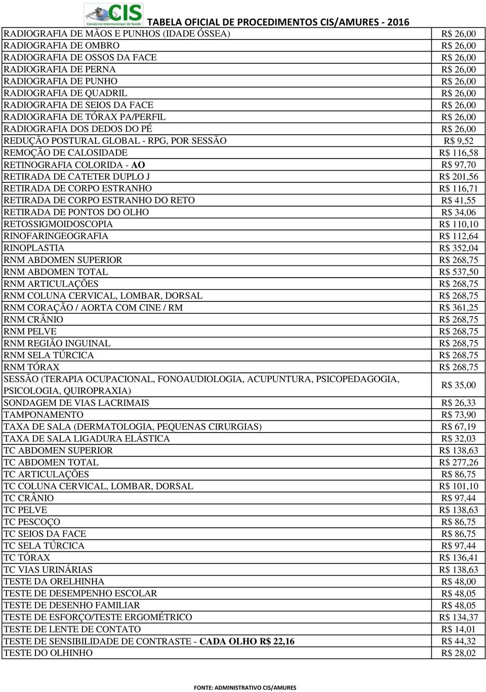 CALOSIDADE R$ 116,58 RETINOGRAFIA COLORIDA - AO R$ 97,70 RETIRADA DE CATETER DUPLO J R$ 201,56 RETIRADA DE CORPO ESTRANHO R$ 116,71 RETIRADA DE CORPO ESTRANHO DO RETO R$ 41,55 RETIRADA DE PONTOS DO