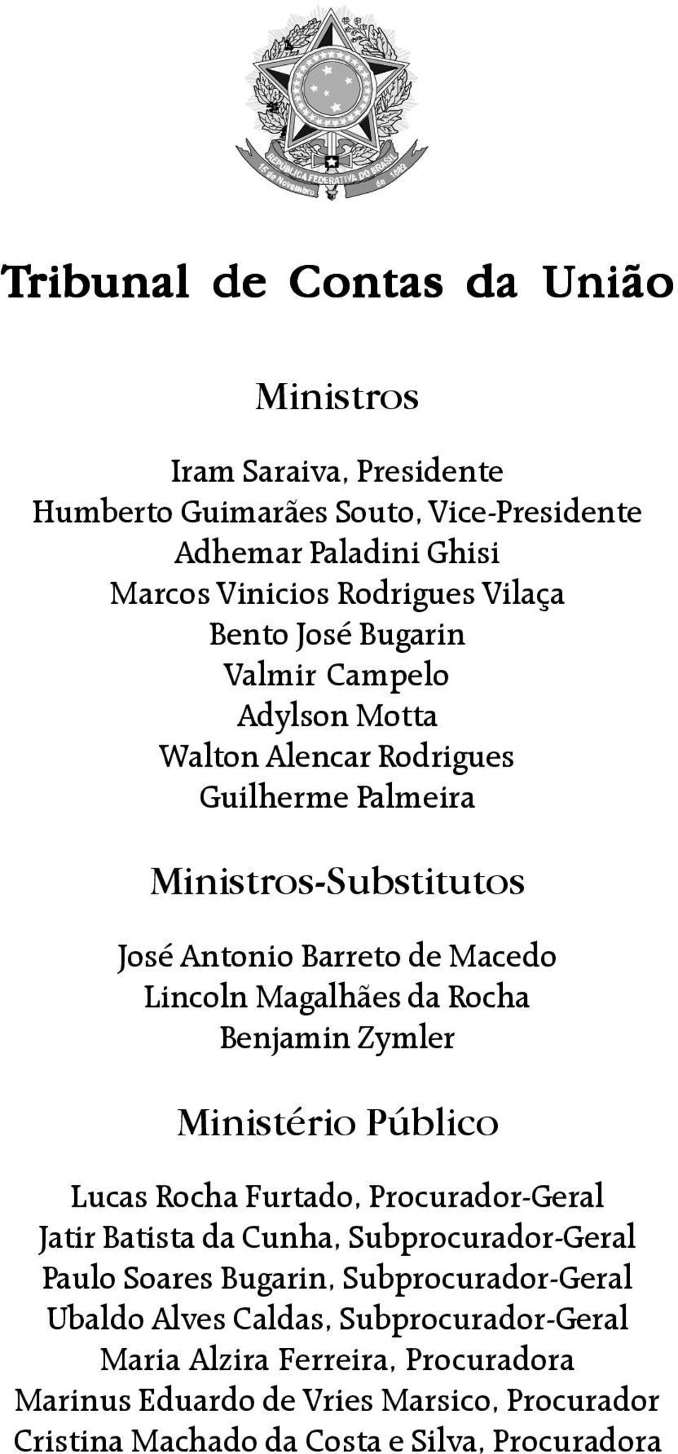 da Rocha Benjamin Zymler Ministério Público Lucas Rocha Furtado, Procurador-Geral Jatir Batista da Cunha, Subprocurador-Geral Paulo Soares Bugarin,