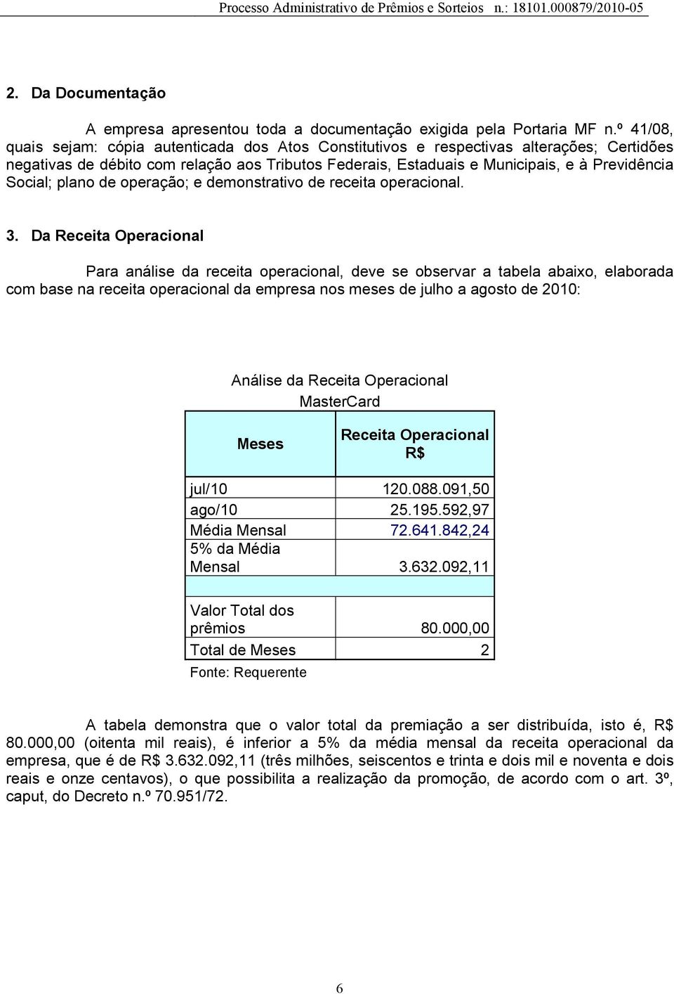 Social; plano de operação; e demonstrativo de receita operacional. 3.