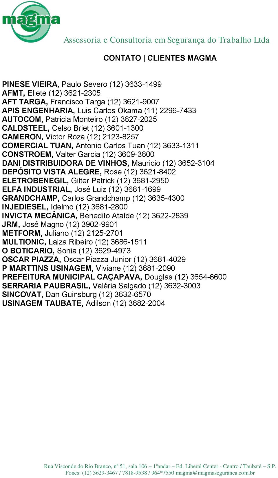 DANI DISTRIBUIDORA DE VINHOS, Mauricio (12) 3652-3104 DEPÓSITO VISTA ALEGRE, Rose (12) 3621-8402 ELETROBENEGIL, Gilter Patrick (12) 3681-2950 ELFA INDUSTRIAL, José Luiz (12) 3681-1699 GRANDCHAMP,