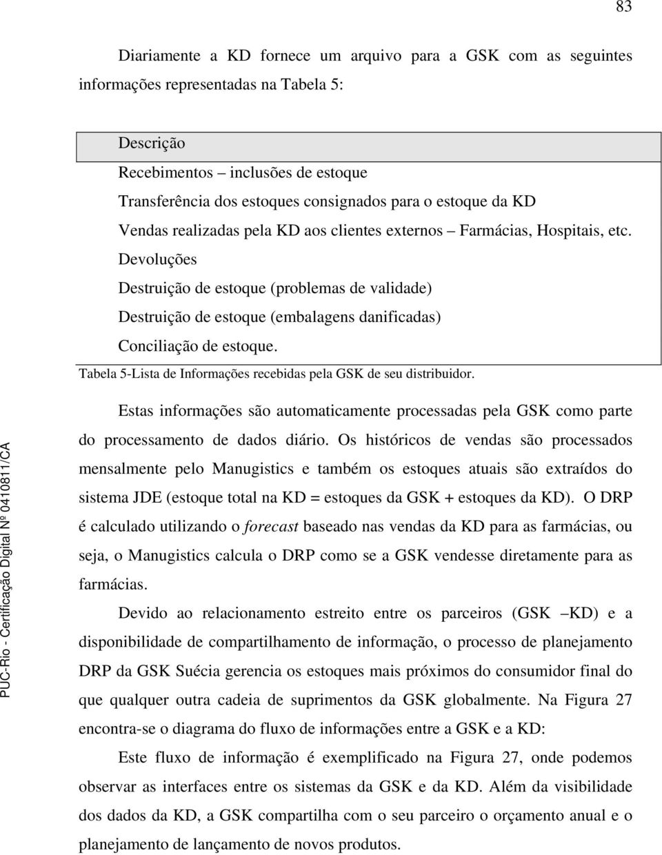 Devoluções Destruição de estoque (problemas de validade) Destruição de estoque (embalagens danificadas) Conciliação de estoque. Tabela 5-Lista de Informações recebidas pela GSK de seu distribuidor.