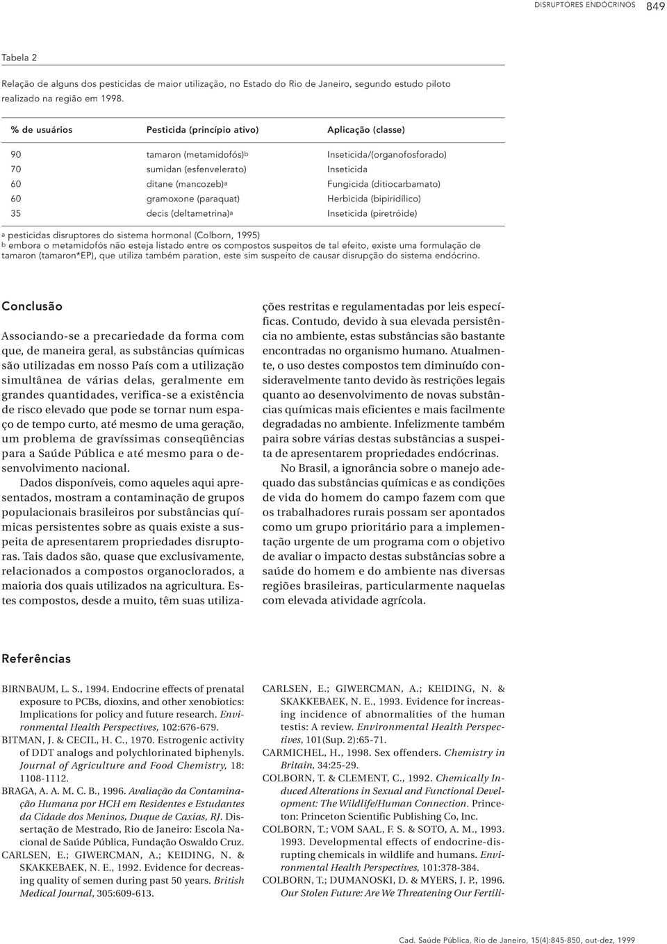 (ditiocarbamato) 60 gramoxone (paraquat) Herbicida (bipiridílico) 35 decis (deltametrina)a Inseticida (piretróide) a pesticidas disruptores do sistema hormonal (Colborn, 1995) b embora o metamidofós