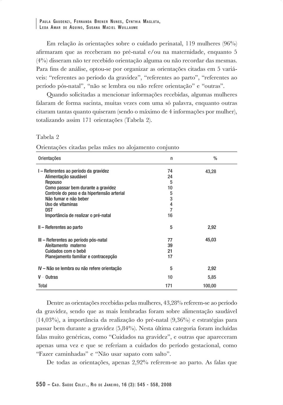 Para fins de análise, optou-se por organizar as orientações citadas em 5 variá veis: referentes ao período da gravidez, referentes ao parto, referentes ao período pós-natal, não se lembra ou não