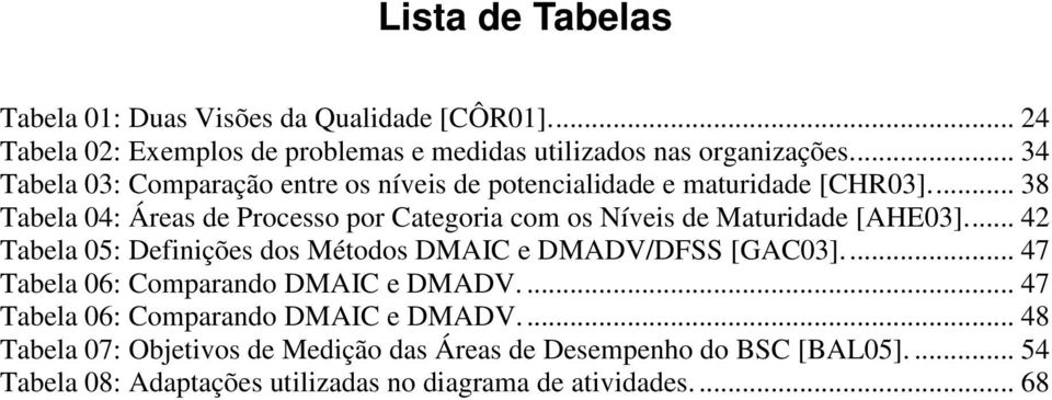 ... 38 Tabela 04: Áreas de Processo por Categoria com os Níveis de Maturidade [AHE03].... 42 Tabela 05: Definições dos Métodos DMAIC e DMADV/DFSS [GAC03].