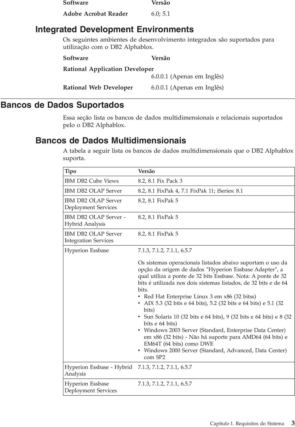 Bancos de Dados Multidimensionais A tabela a seguir lista os bancos de dados multidimensionais que o DB2 Alphablox suporta. Tipo Versão IBM DB2 Cube Views 8.2, 8.1 Fix Pack 3 IBM DB2 OLAP Server 8.