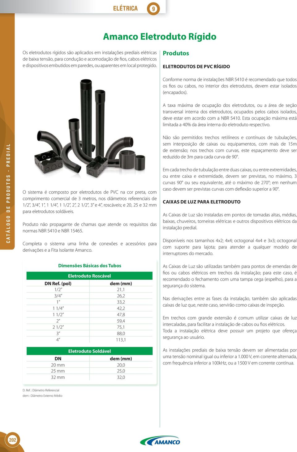 Produtos ELETRODUTOS DE PVC RÍGIDO Conforme norma de instalações NBR 5410 é recomendado que todos os fios ou cabos, no interior dos eletrodutos, devem estar isolados (encapados).