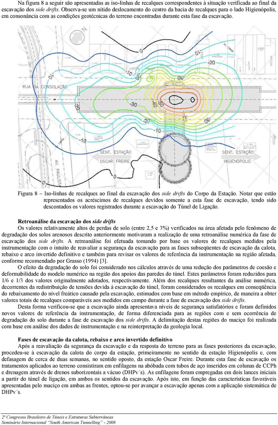 Figura 8 Iso-linhas de recalques ao final da escavação dos side drifts do Corpo da Estação.