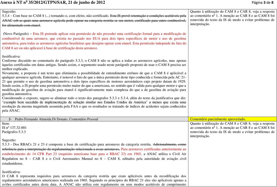 etanol. Quanto à utilização do CAM 8 e CAR 8, veja a resposta ao comentário n o 1. A menção ao CAR 8 e ao CAM 8 foi removida do texto da IS de modo a evitar problemas de interpretação.