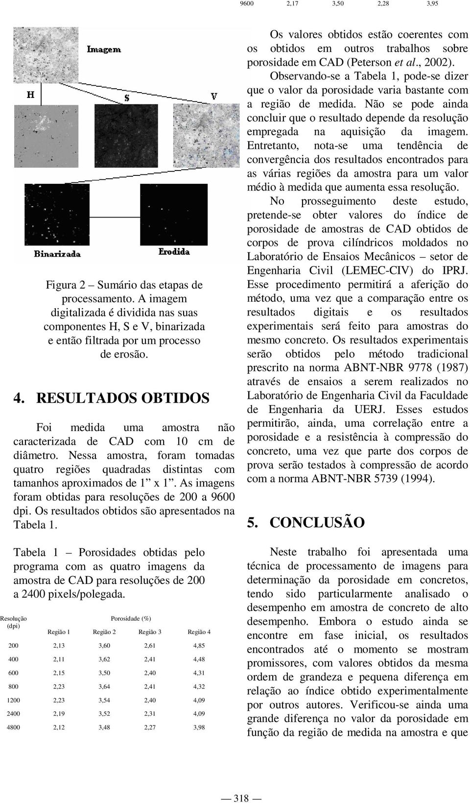 As imagens foram obtidas para resoluções de 200 a 9600 dpi. Os resultados obtidos são apresentados na Tabela 1.