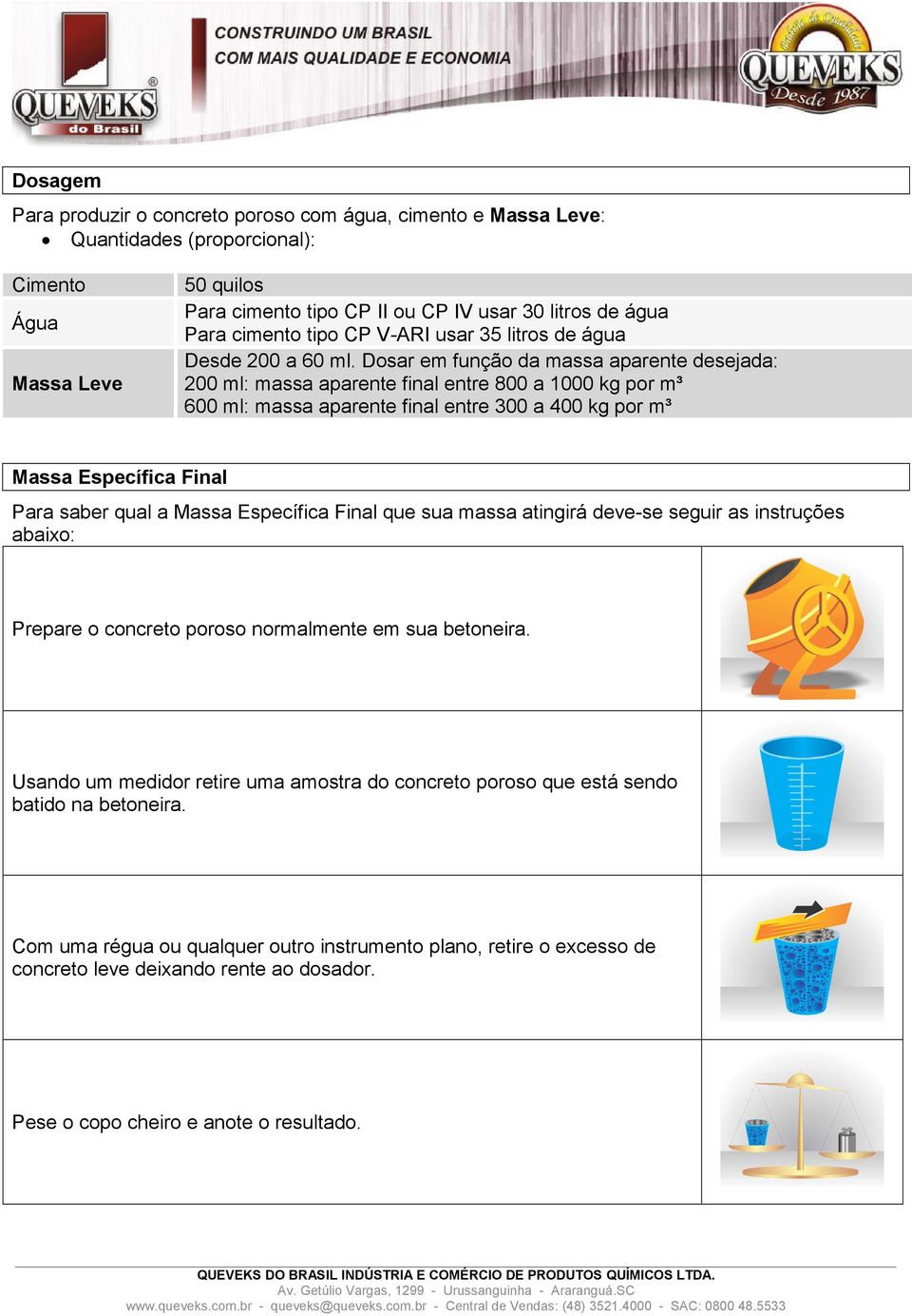 Dosar em função da massa aparente desejada: 200 ml: massa aparente final entre 800 a 1000 kg por m³ 600 ml: massa aparente final entre 300 a 400 kg por m³ Massa Específica Final Para saber qual a