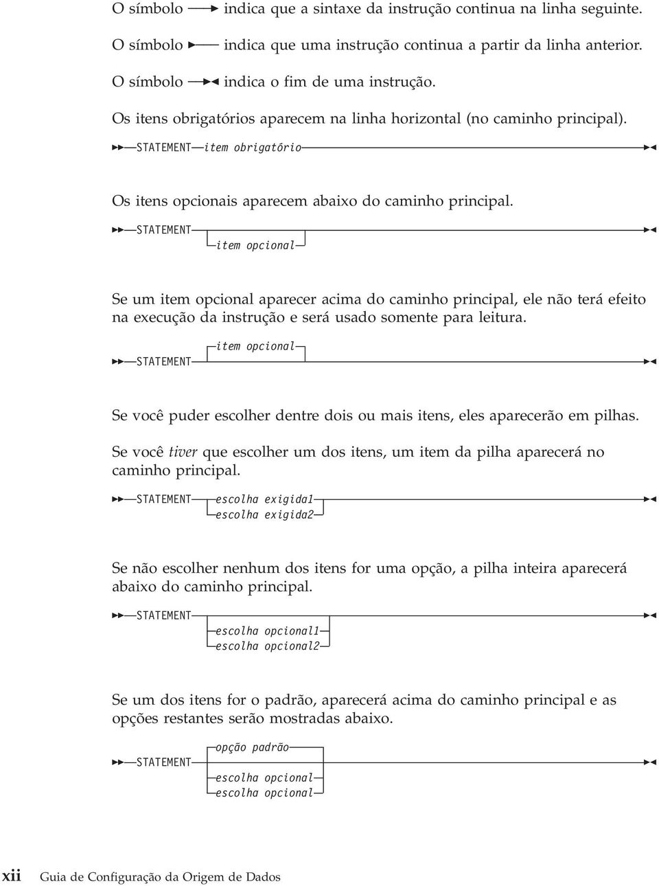 STATEMENT item opcional Se um item opcional aparecer acima do caminho principal, ele não terá efeito na execução da instrução e será usado somente para leitura.