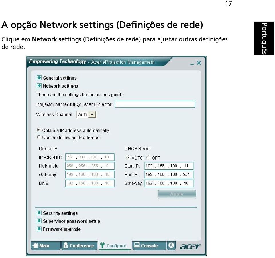 Network settings (Definições de