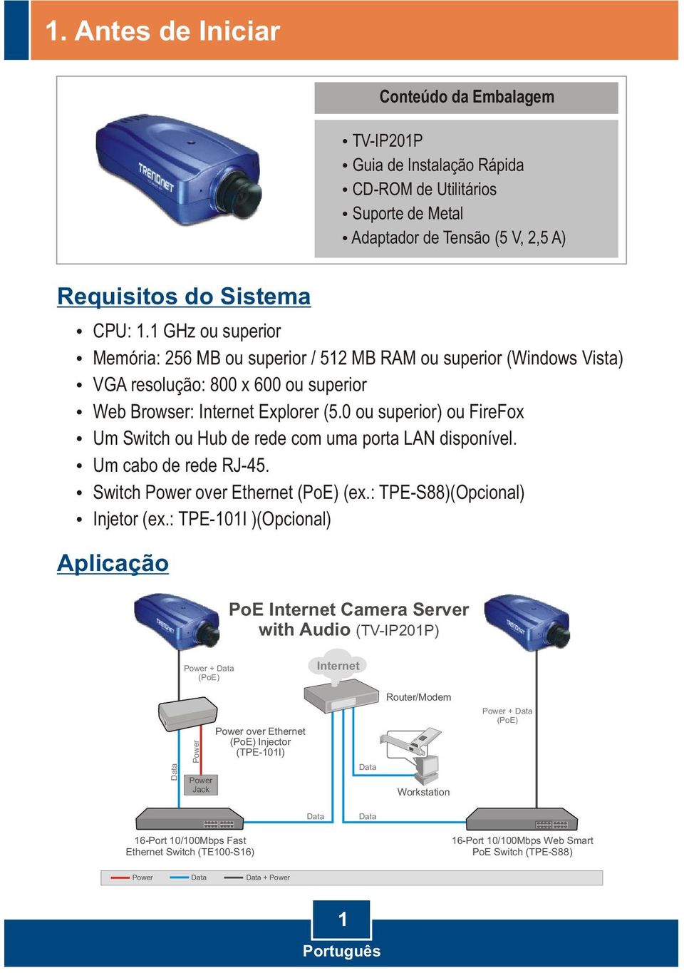 0 ou superior) ou FireFox Um Switch ou Hub de rede com uma porta LAN disponível. Um cabo de rede RJ-45. Switch Power over Ethernet (PoE) (ex.: TPE-S88)(Opcional) Injetor (ex.