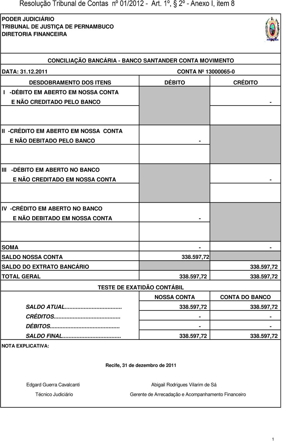 -DÉBITO EM ABERTO NO BANCO E NÃO CREDITADO EM NOSSA CONTA - IV -CRÉDITO EM ABERTO NO BANCO E NÃO DEBITADO EM NOSSA CONTA - SOMA - - SALDO NOSSA CONTA 338.597,72 SALDO DO EXTRATO BANCÁRIO 338.