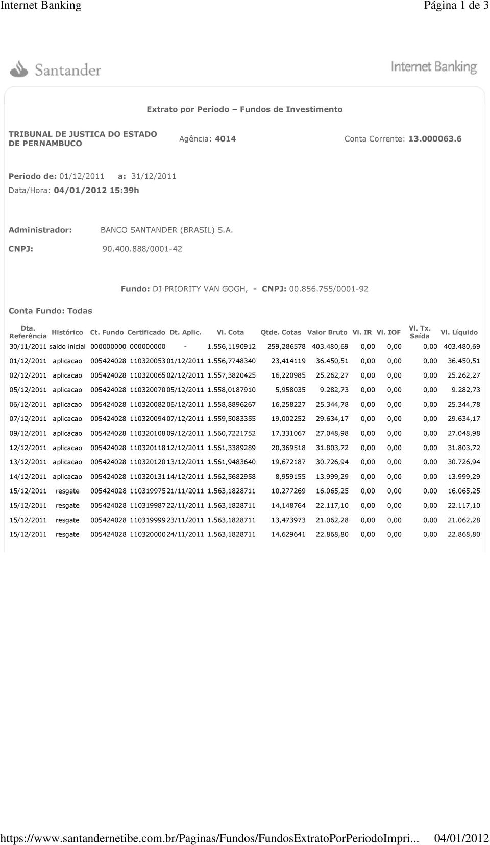 6 Período de: 01/12/2011 a: 31/12/2011 Data/Hora: 04/01/2012 15:39h Administrador: BANCO SANTANDER (BRASIL) S.A. CNPJ: 90.400.888/0001-42 Fundo: DI PRIORITY VAN GOGH, - CNPJ: 00.856.