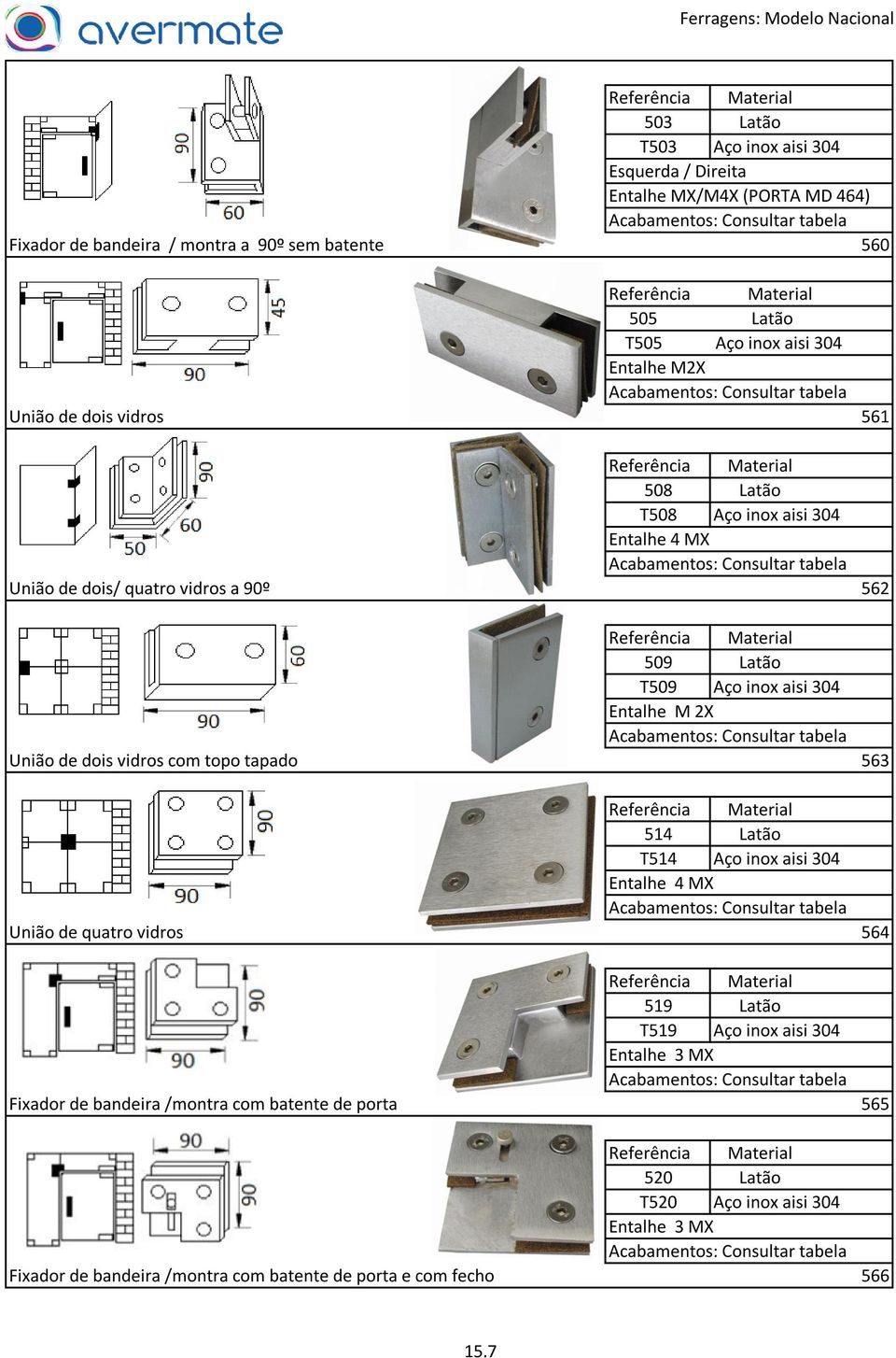 União de dois vidros com topo tapado 563 514 Latão T514 Aço inox aisi 304 Entalhe 4 MX União de quatro vidros 564 519 Latão T519 Aço inox aisi 304 Entalhe 3 MX