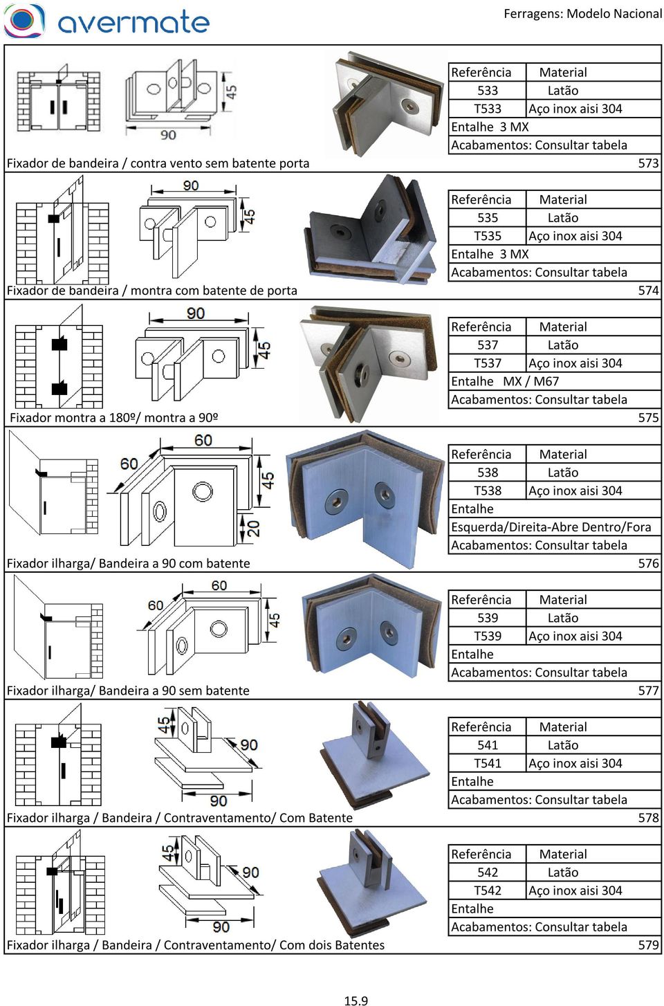 Dentro/Fora Fixador ilharga/ Bandeira a 90 com batente 576 539 Latão T539 Aço inox aisi 304 Entalhe Fixador ilharga/ Bandeira a 90 sem batente 577 541 Latão T541 Aço inox aisi 304