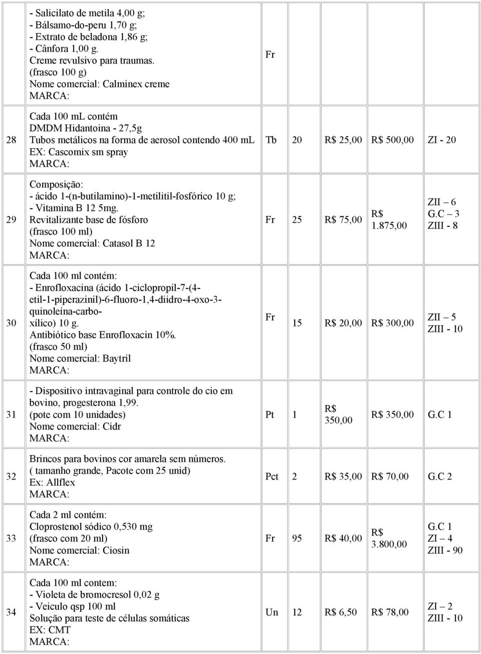 29 Composição: - ácido 1-(n-butilamino)-1-metilitil-fosfórico 10 g; - Vitamina B 12 5mg. Revitalizante base de fósforo (frasco 100 ml) Nome comercial: Catasol B 12 Fr 25 R$ 75,00 R$ 1.875,00 ZII 6 G.