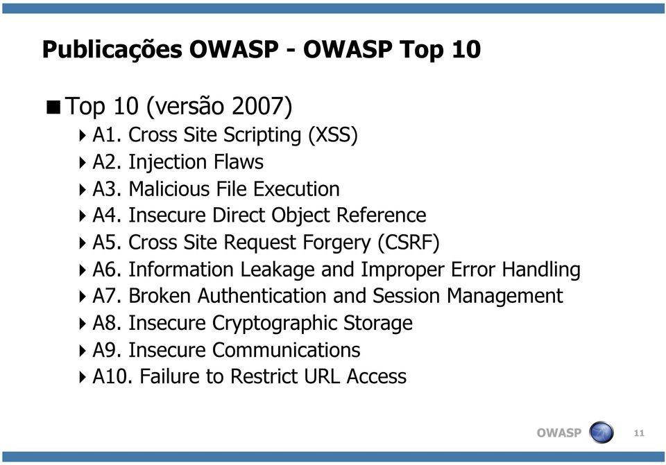 Cross Site Request Forgery (CSRF) A6. Information Leakage and Improper Error Handling A7.