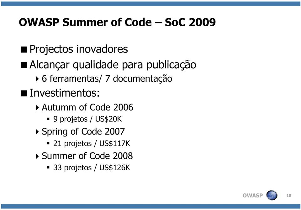 Investimentos: Autumm of Code 2006 9 projetos / US$20K Spring