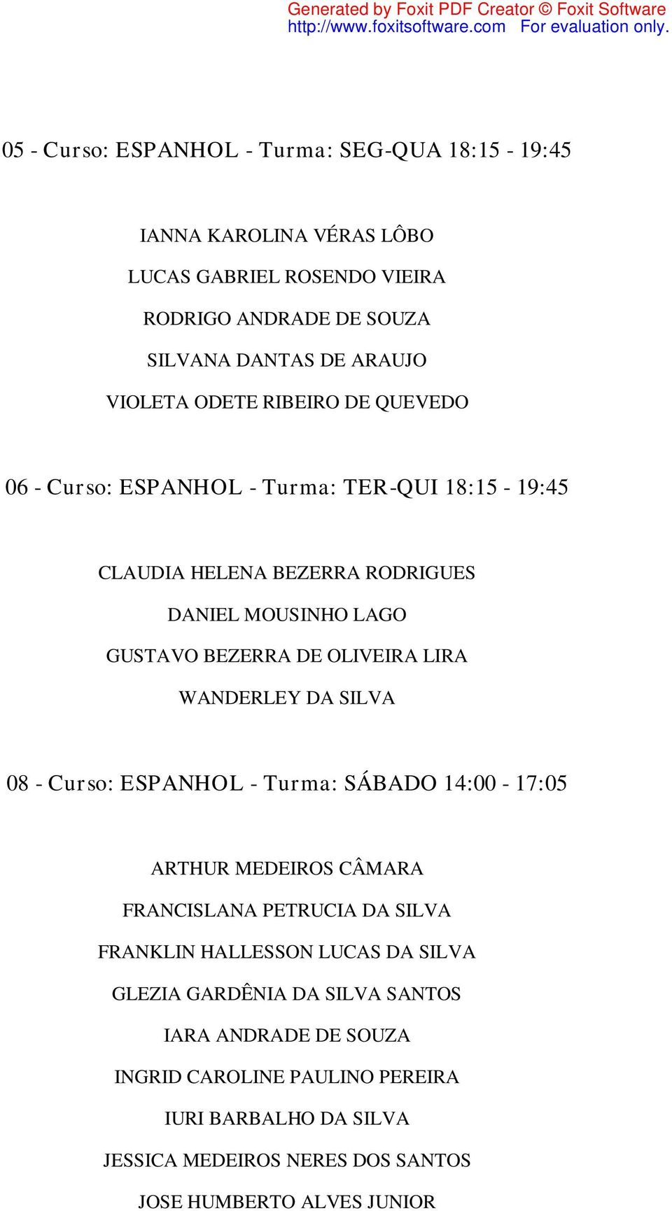 WANDERLEY DA SILVA 08 - Curso: ESPANHOL - Turma: SÁBADO 14:00-17:05 ARTHUR MEDEIROS CÂMARA FRANCISLANA PETRUCIA DA SILVA FRANKLIN HALLESSON LUCAS DA SILVA GLEZIA