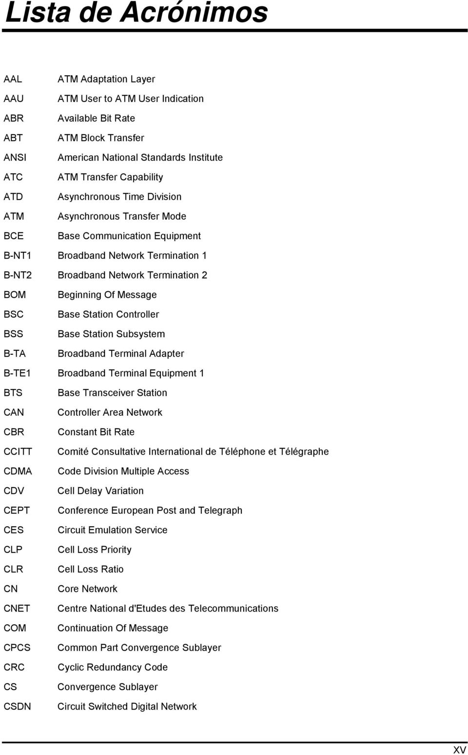 Message Base Station Controller Base Station Subsystem Broadband Terminal Adapter B-TE1 Broadband Terminal Equipment 1 BTS CAN CBR CCITT CDMA CDV CEPT CES CLP CLR CN CNET COM CPCS CRC CS CSDN Base