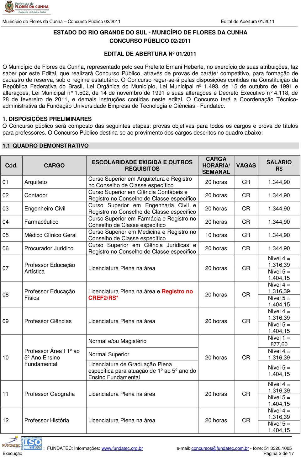 O Concurso reger-se-á pelas disposições contidas na Constituição da República Federativa do Brasil, Lei Orgânica do Município, Lei Municipal nº 1.