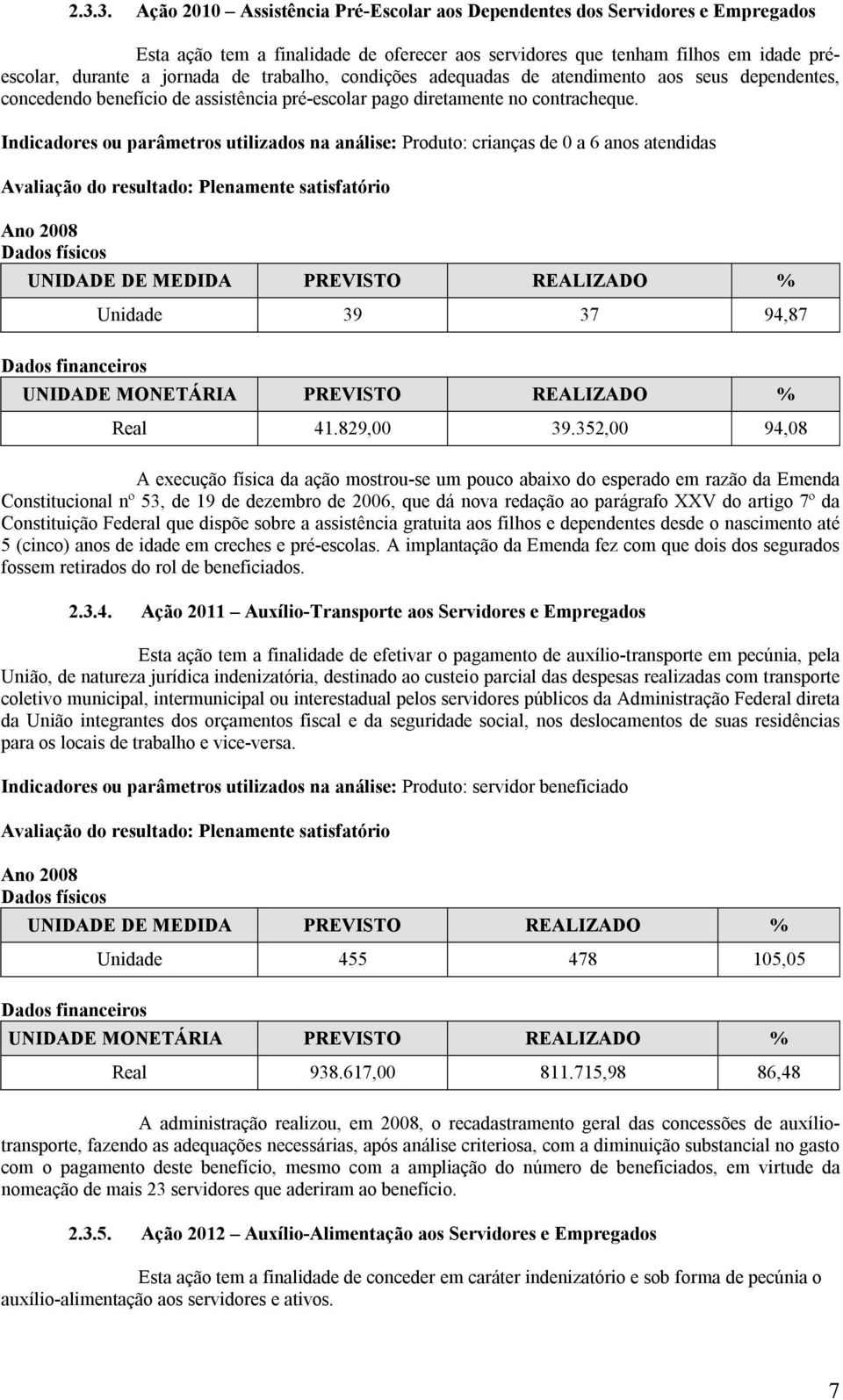 Indicadores ou parâmetros utilizados na análise: Produto: crianças de 0 a 6 anos atendidas Avaliação do resultado: Plenamente satisfatório Ano 2008 Dados físicos UNIDADE DE MEDIDA PREVISTO REALIZADO