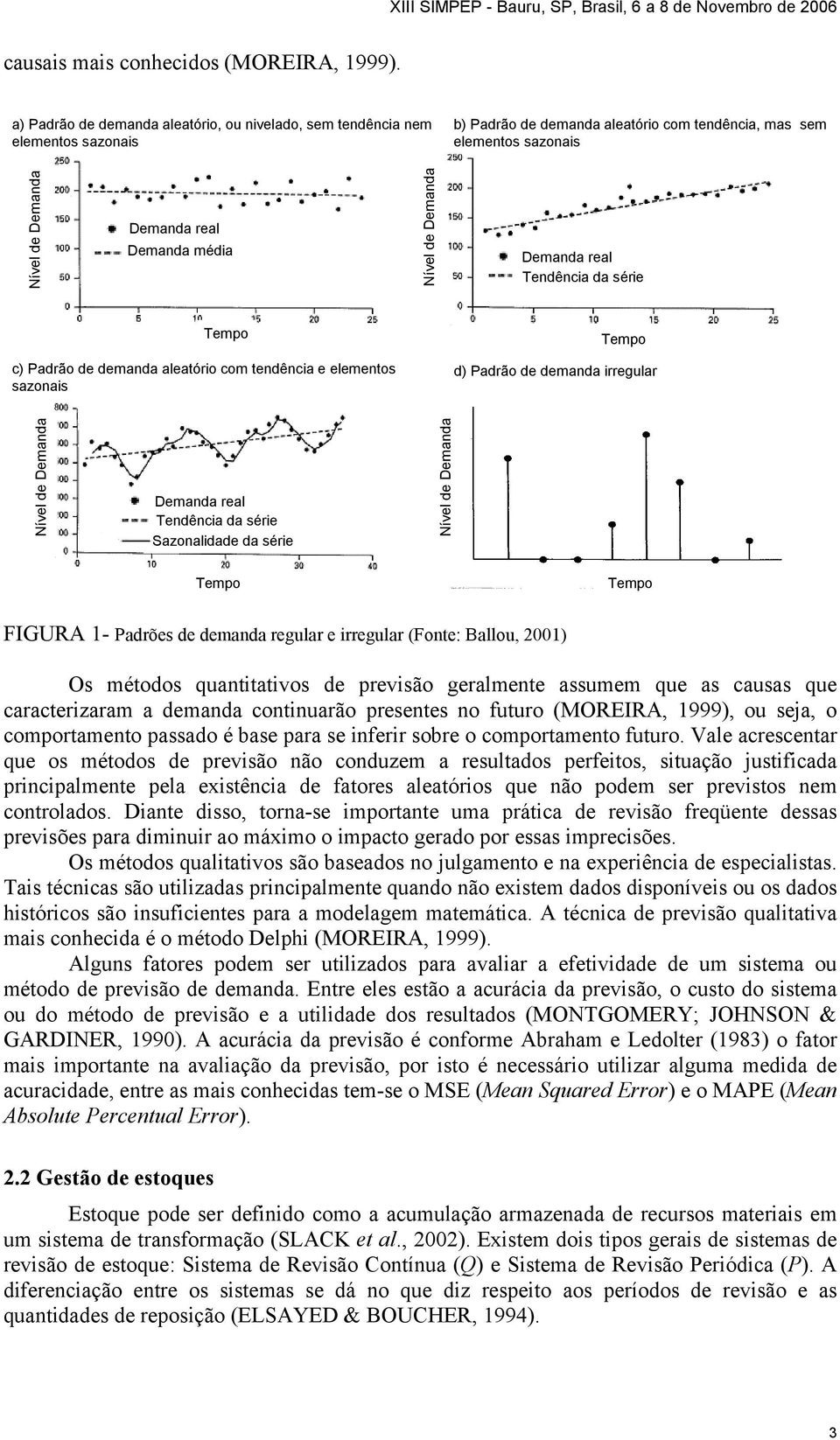 Nível de Demanda Demanda real Tendência da série Tempo Tempo c) Padrão de demanda aleatório com tendência e elementos sazonais d) Padrão de demanda irregular Nível de Demanda Demanda real Tendência